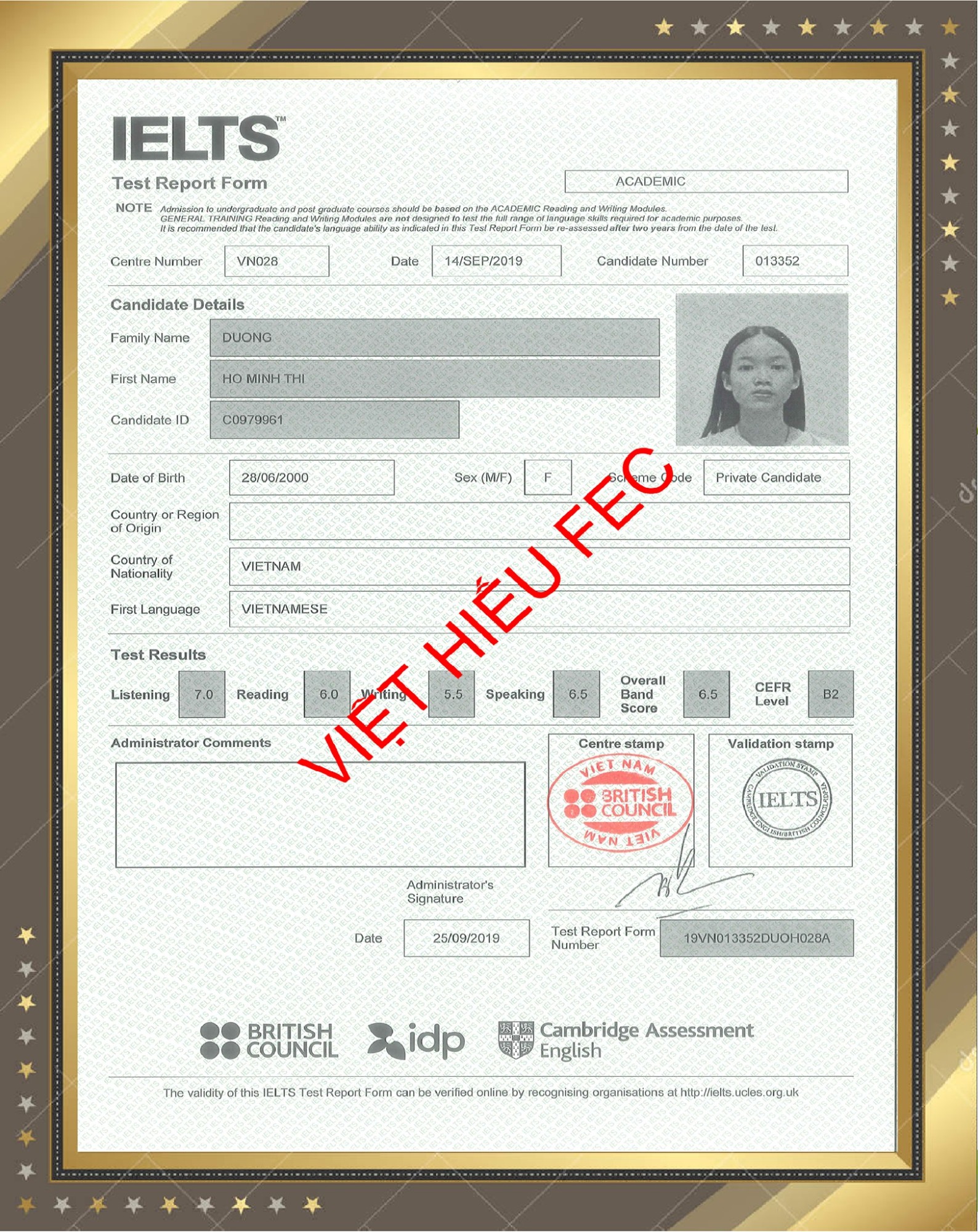 DƯƠNG HỒ MINH THI - VINH DANH HỌC VIÊN HOÀN THÀNH KHÓA GIAO TIẾP KẾT HỢP THI IELTS TẠI VIỆT HIẾU FEC